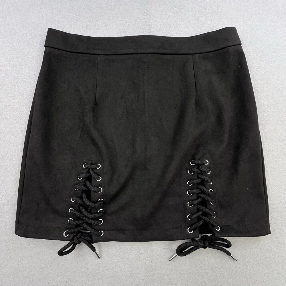 Women's Black Faux Suede Skirt Laces Size L Back Zipper Poly Blend Stretch